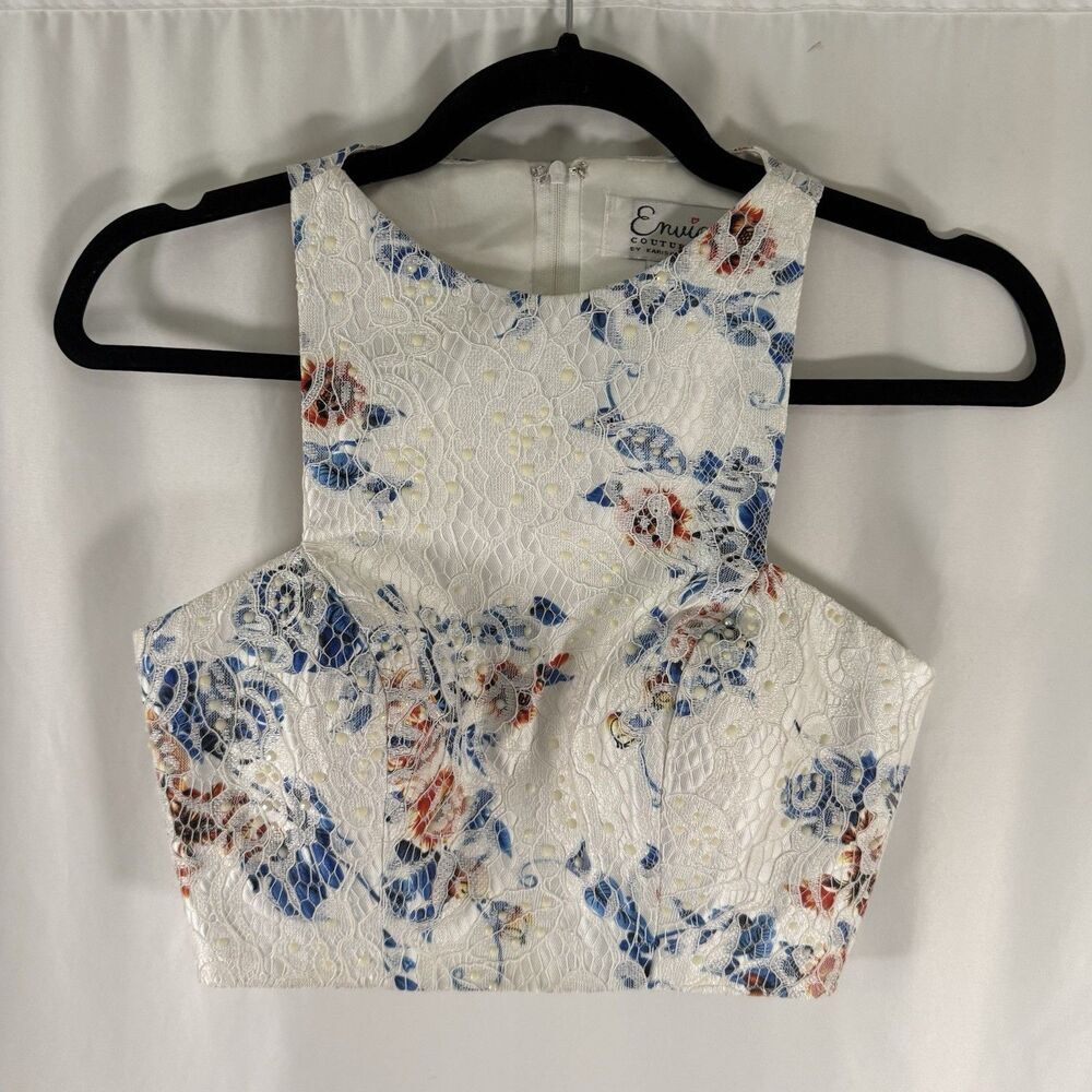 Enious Couture Prom Cropped Blouse Women's 00 White Floral Sleeveless Zip Back